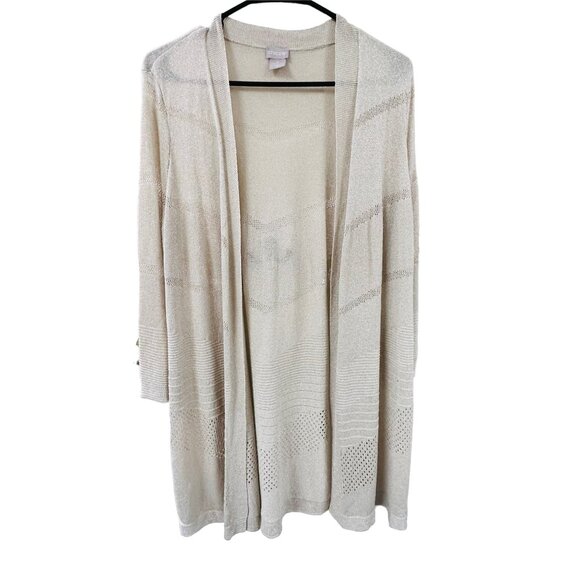 ✌️ 2/$40 ✌️ Chico's Long Gold Shimmer Cardigan with V Pattern sz Petite Small - Picture 1 of 8